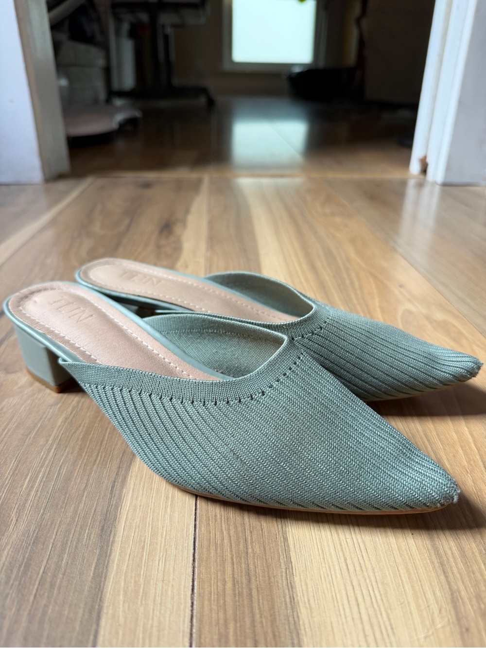 TJIN Pointed-Toe Sage Knit Mule Heels